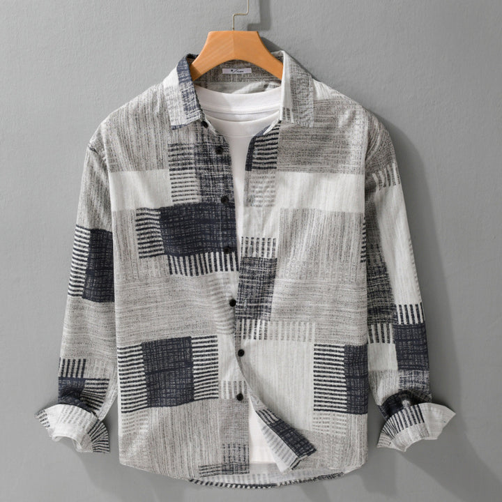 Herren Gemustertes Langarm-Hemd im Patchwork-Look aus leichtem Baumwollmix Relaxed Fit Drune