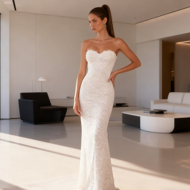 Damen Elegantes Spitzen-Maxikleid mit figurbetontem Design und süßem Rückenausschnitt Drune