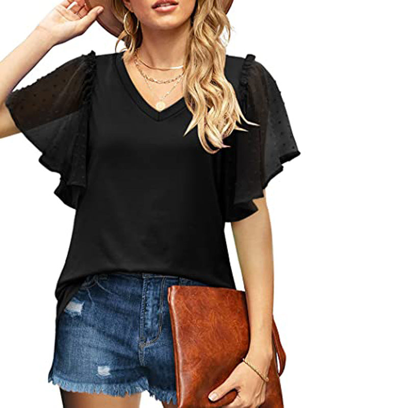 Damen V-Ausschnitt Bluse mit transparenten Rüschenschultern Drune