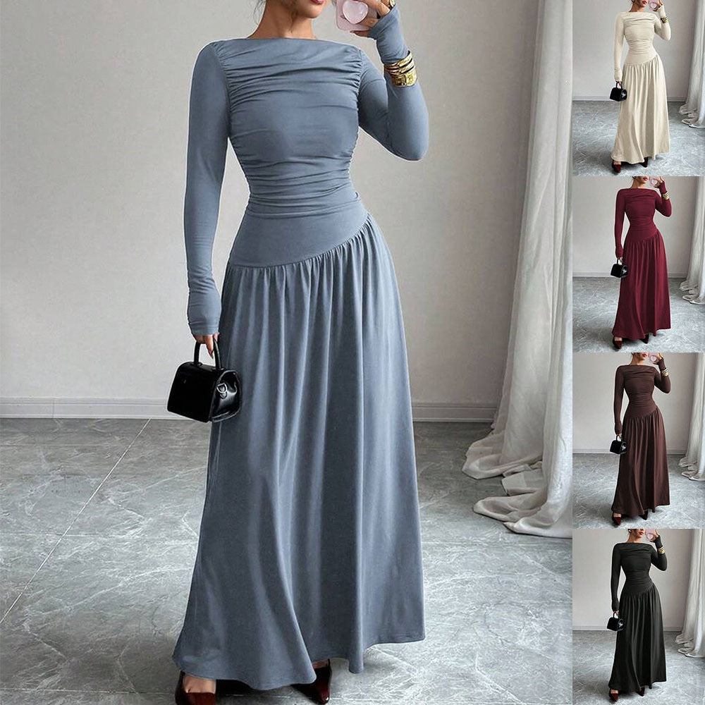 Damen Maxikleid mit gerafftem Oberteil, tailliertem Bund und Langarm Drune