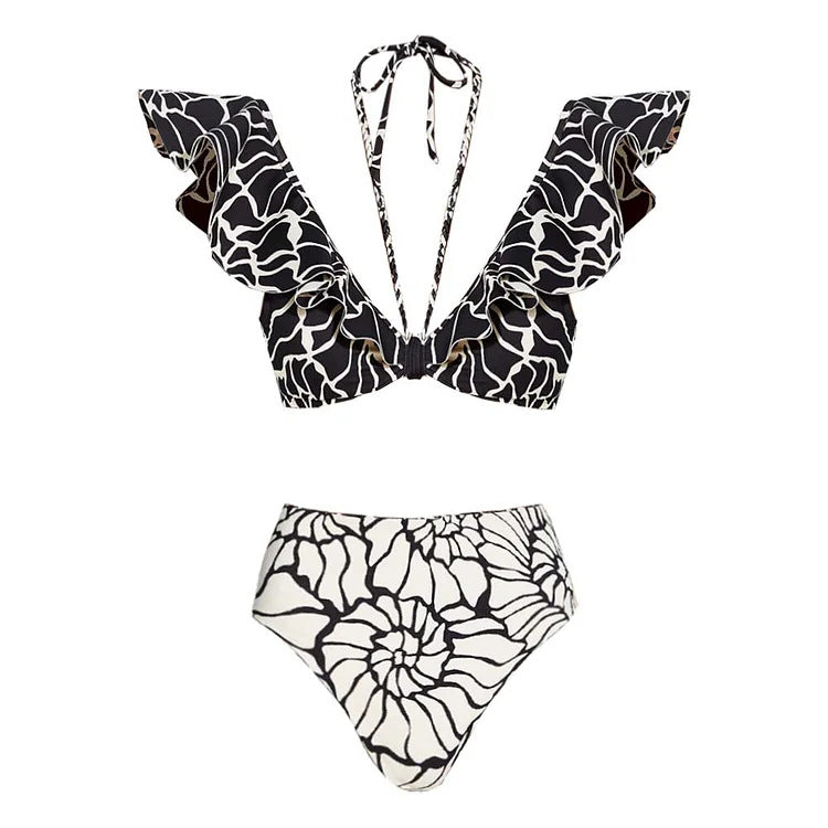 Damen Bikiniset mit voluminösen Rüschen und Hoher Taille Drune
