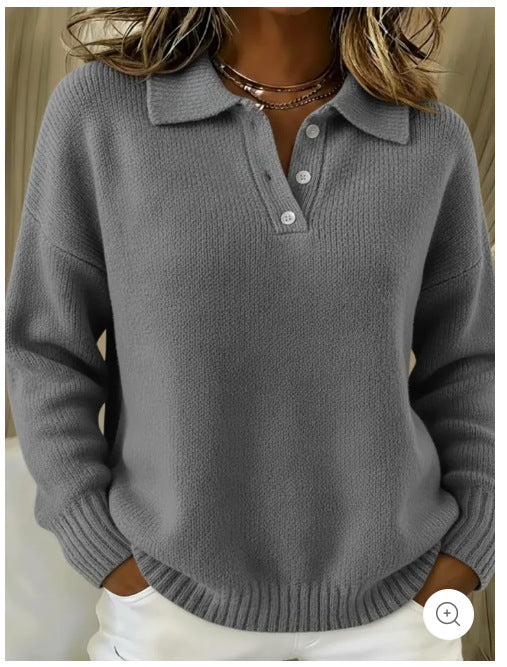 Damen nan kuscheliger Polokragenpullover mit kurzer Knopfleiste und gerippten Bündchen Drune