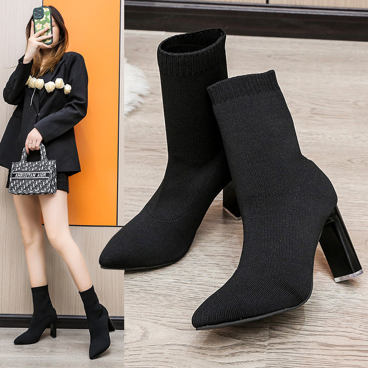 Damen nan gestrickte Sock-Ankleboot mit spitzer Zehenpartie und skulpturellem Blockabsatz Drune