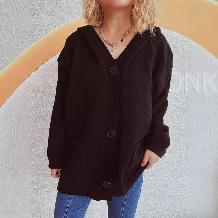 Damen kuschelige Strickjacke mit Kapuze und aufgesetzten Taschen Drune