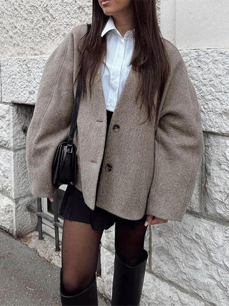 Damen Oversized Wollblazer mit strukturierten Ärmeln Drune