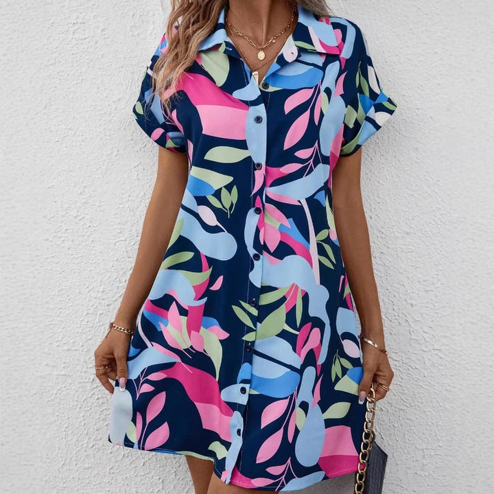 Damen Lockeres Hemdblusenkleid mit Knopfleiste, Reverskragen und floralem Print Drune