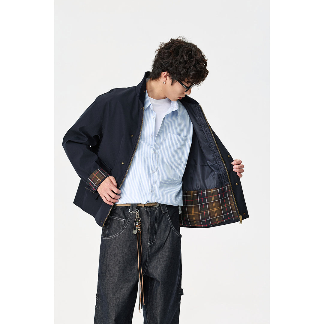 Herren Kurz geschnittene Canvas‑Fieldjacke mit Cordkragen und verdeckter Druckknopfleiste Drune