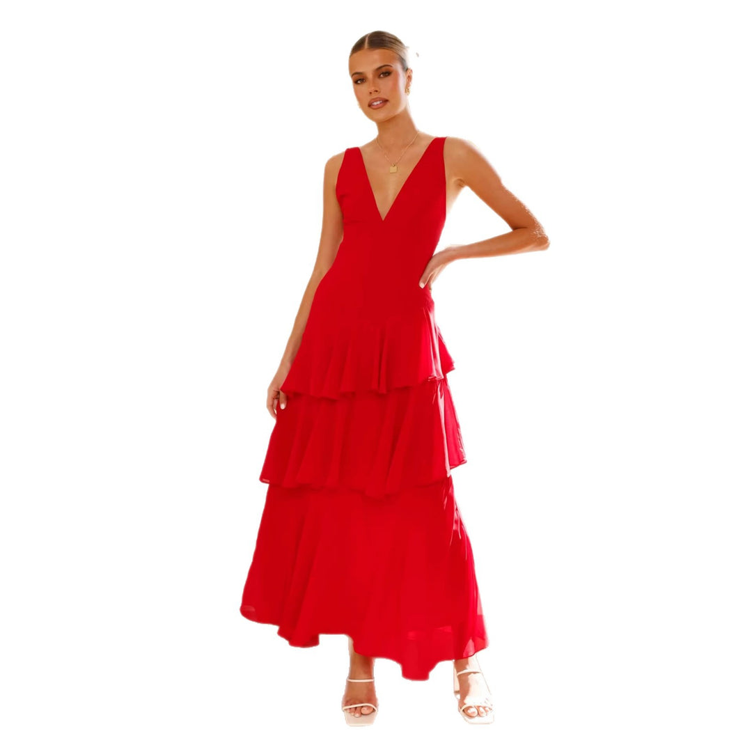 Damen Maxikleid mit verführerischen Rüschenschichten und tiefem V-Ausschnitt Drune