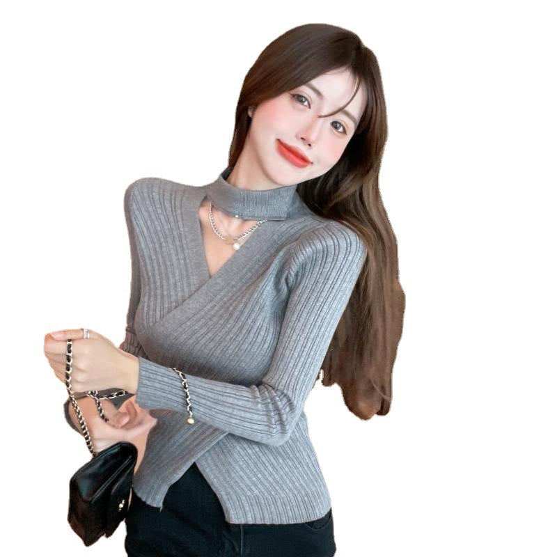 Damen elegantes Wickeloberteil aus geripptem Strickmaterial Drune