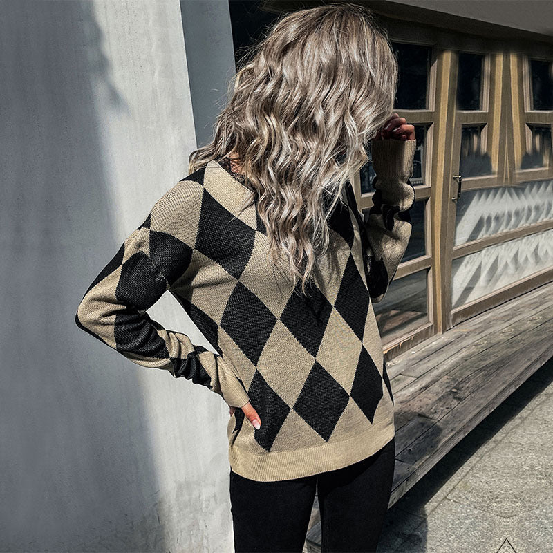 Damen Rauten-Strickpullover mit lockerem Schnitt und Rippbündchen Drune