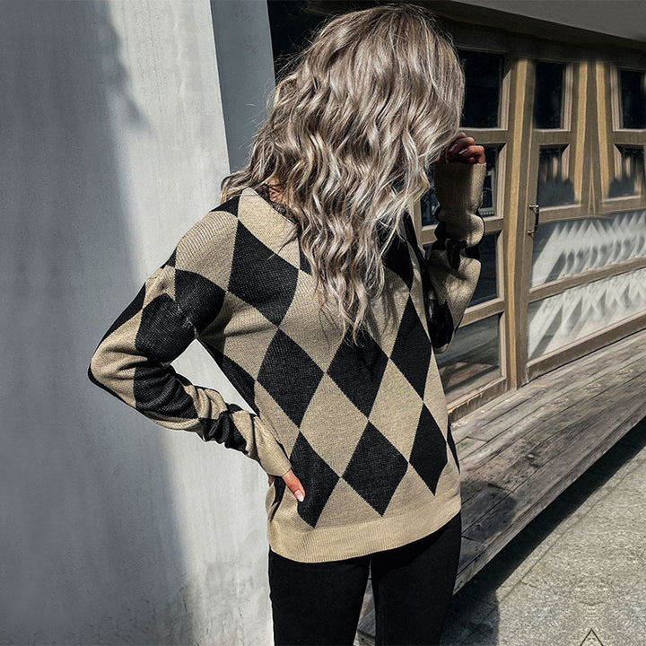 Damen Rauten-Strickpullover mit lockerem Schnitt und Rippbündchen Drune