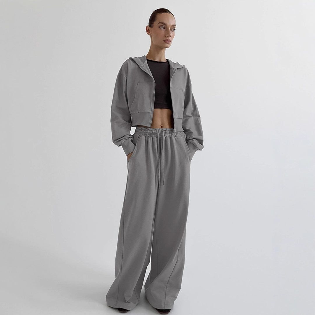 Damen Lässiges Crop-Top und weite High-Waist-Hose Set Drune