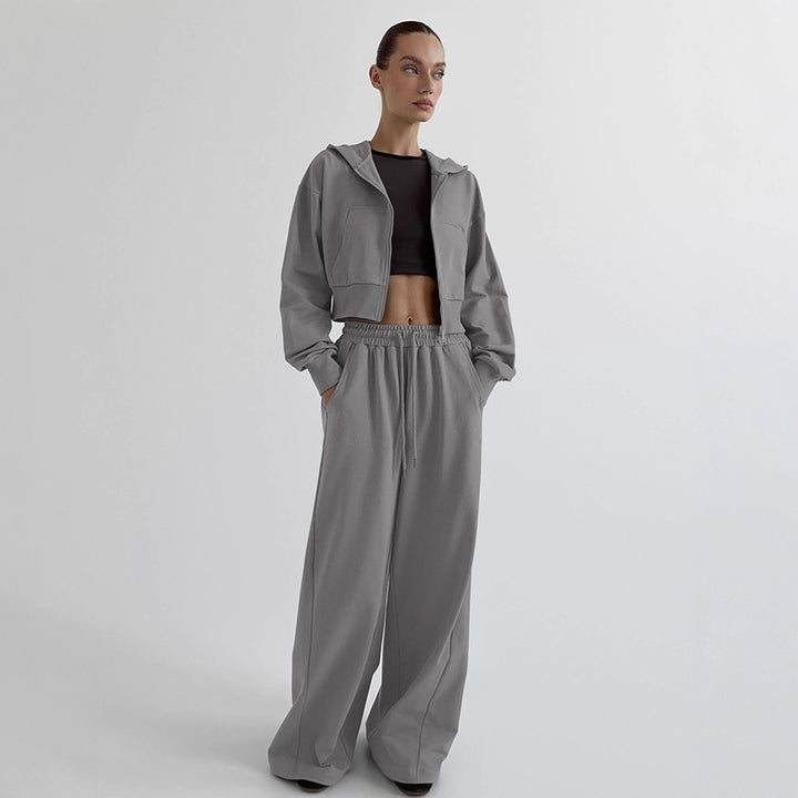 Damen Lässiges Crop-Top und weite High-Waist-Hose Set Drune