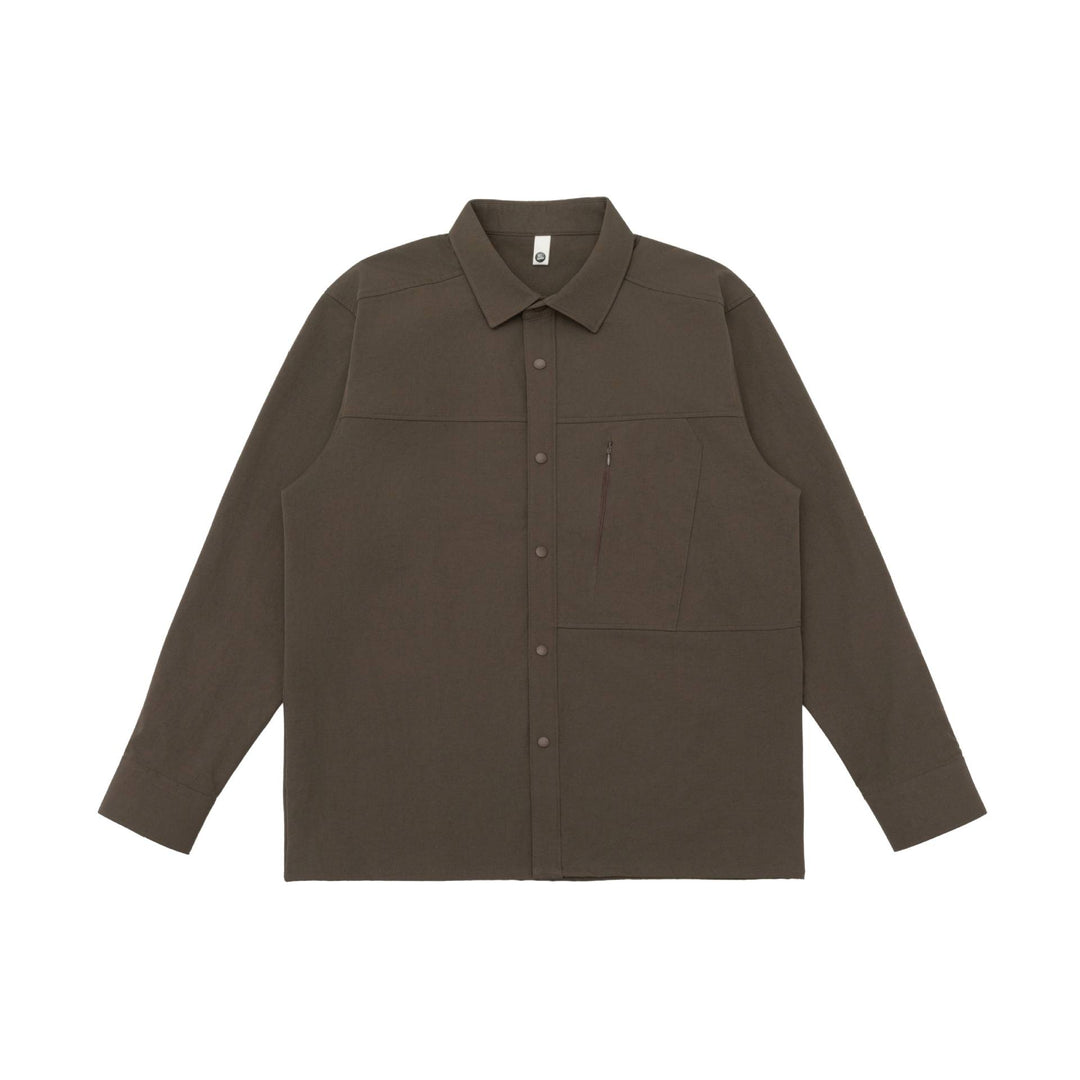 Unisex Oversize-Hemdjacke im Utility‑Style mit verdeckter Druckknopfleiste und diagonaler Reißverschlusstasche Drune
