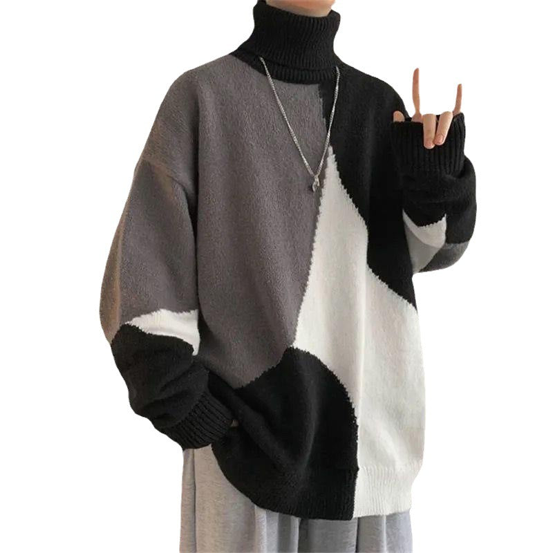 Herren Grobstrickpullover mit hohem Kragen und modernen Farbblocks Drune