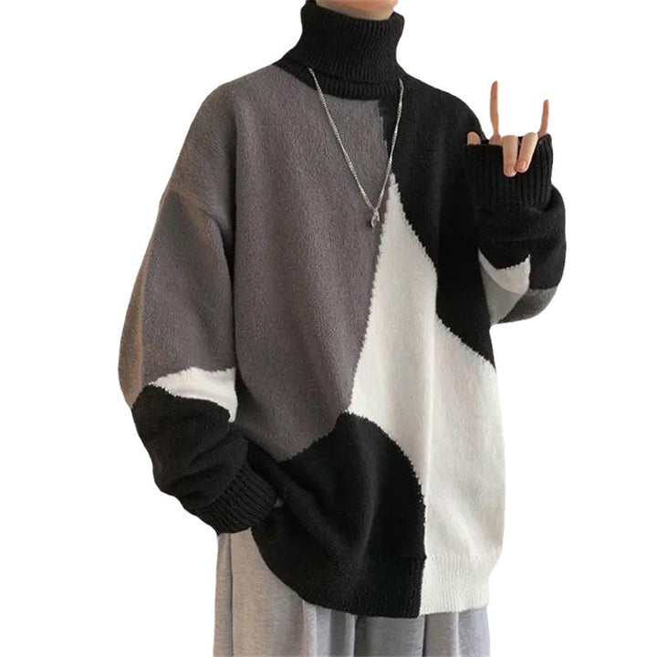 Herren Grobstrickpullover mit hohem Kragen und modernen Farbblocks Drune
