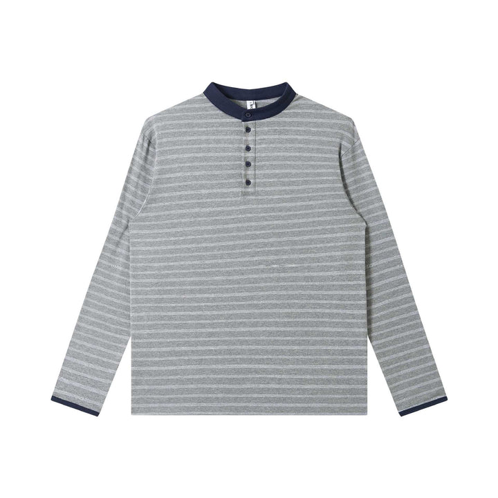 Herren Gestreiftes Langarm-Henleyshirt mit Stehkragen und feiner Ringelstruktur Drune
