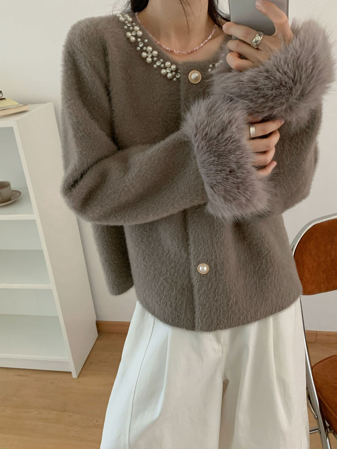 Damen Elegante Strickjacke mit Perlen-Details Drune