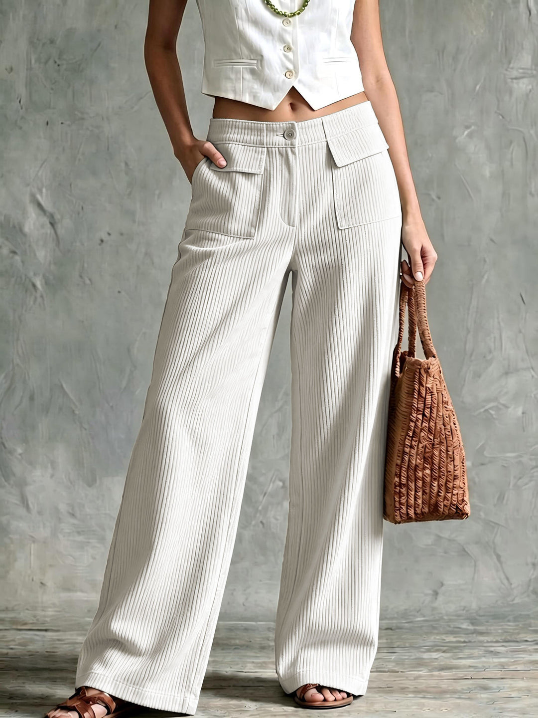 Damen Weite Cord-Palazzohose mit hoher Taille und aufgesetzten Pattentaschen Drune