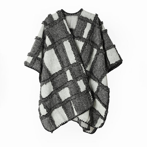 Damen Strukturierter Patchwork-Capeponcho aus Wollmix mit offenem Fall und kontrastierter Kantennaht Drune