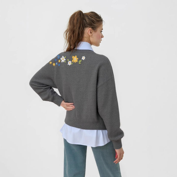 Damen lässiger Pullover mit floralem Stickdesign und weitem Schnitt Drune