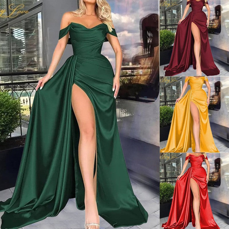 Damen Off-Shoulder Abendkleid mit hohem Beinschlitz und voluminösem Rock Drune