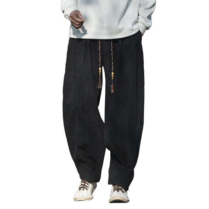 Herren Weit geschnittene Kordhose mit Tunnelzug, Bundfalten und Relaxed-Fit Drune