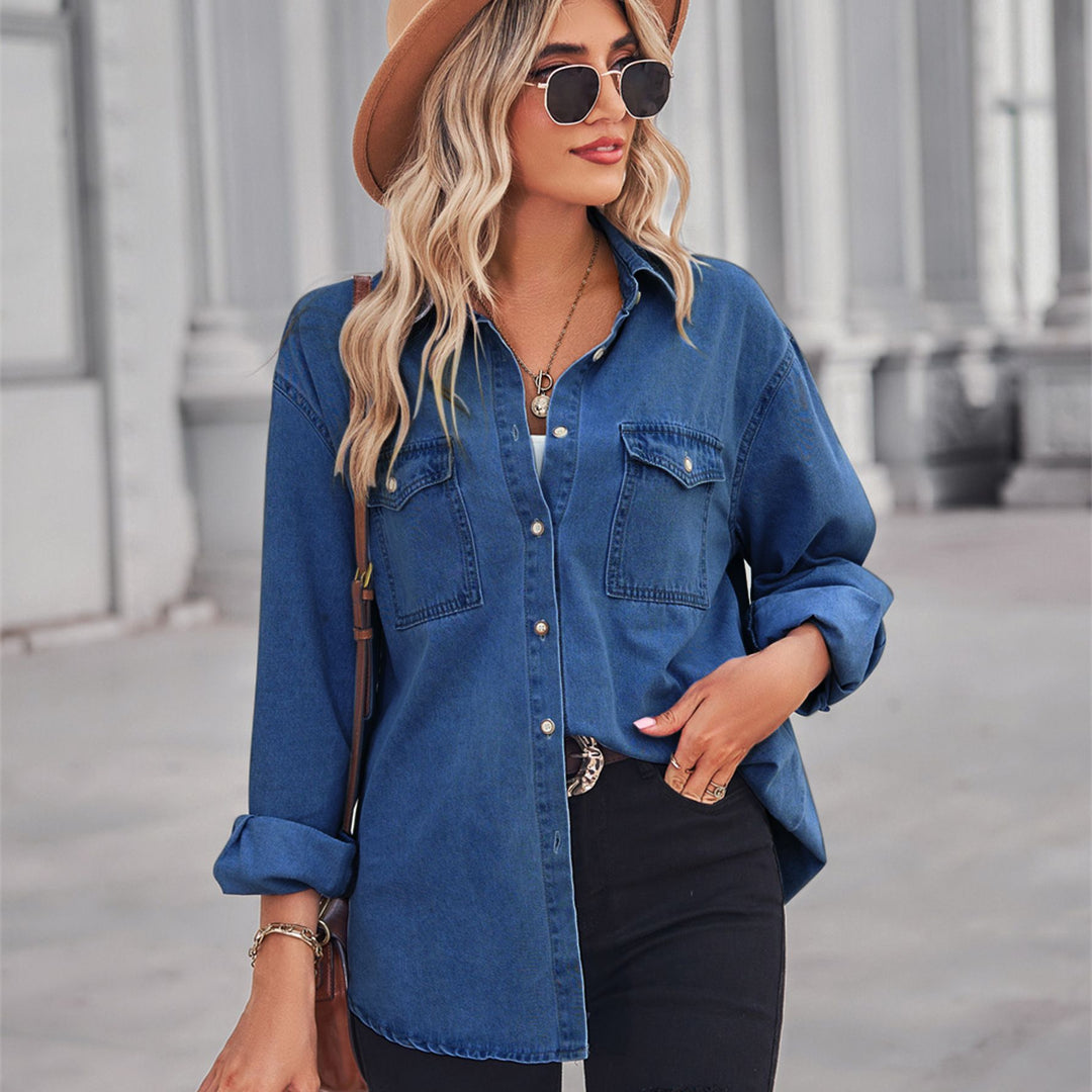 Damen Lässige Denim-Hemdbluse mit Brusttaschen Drune