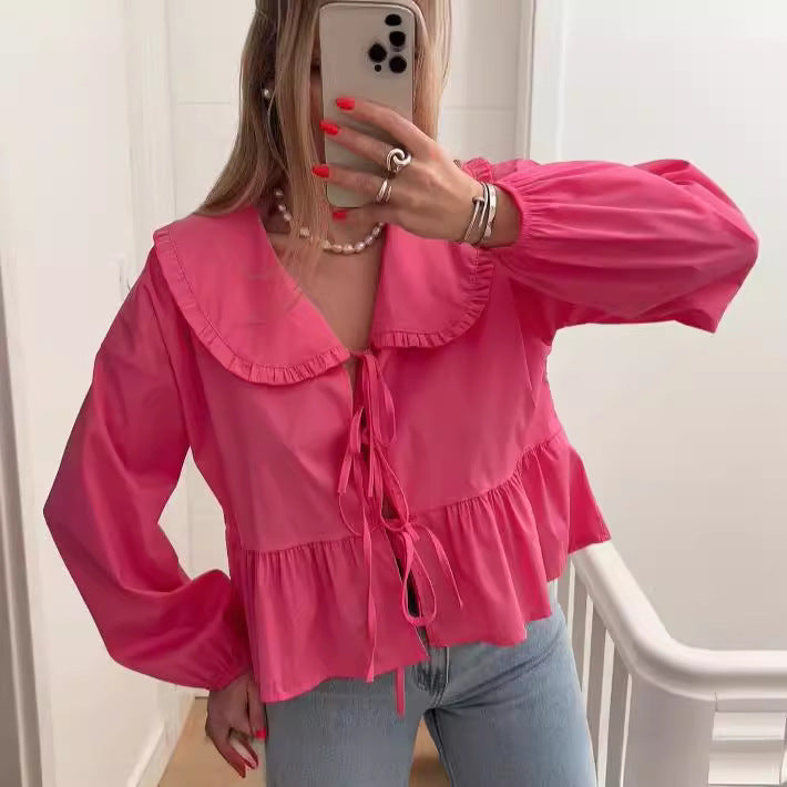 Damen verspielte Bluse mit Rüschensaum und oversized Kragen Drune