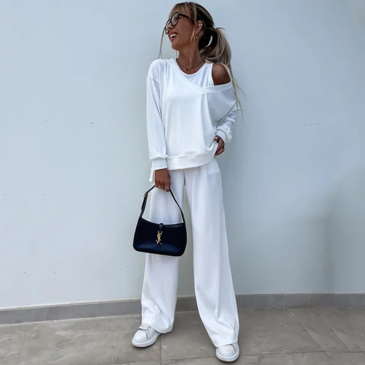 Damen lässiges Rippsweat-Lounge-Set mit Off-Shoulder-Sweatshirt und weit geschnittener High-Waist-Hose Drune