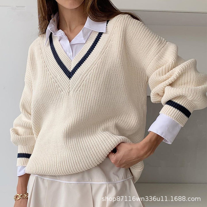 Damen Oversized Strickpullover mit V-Ausschnitt und gestreiften Ärmeln Drune