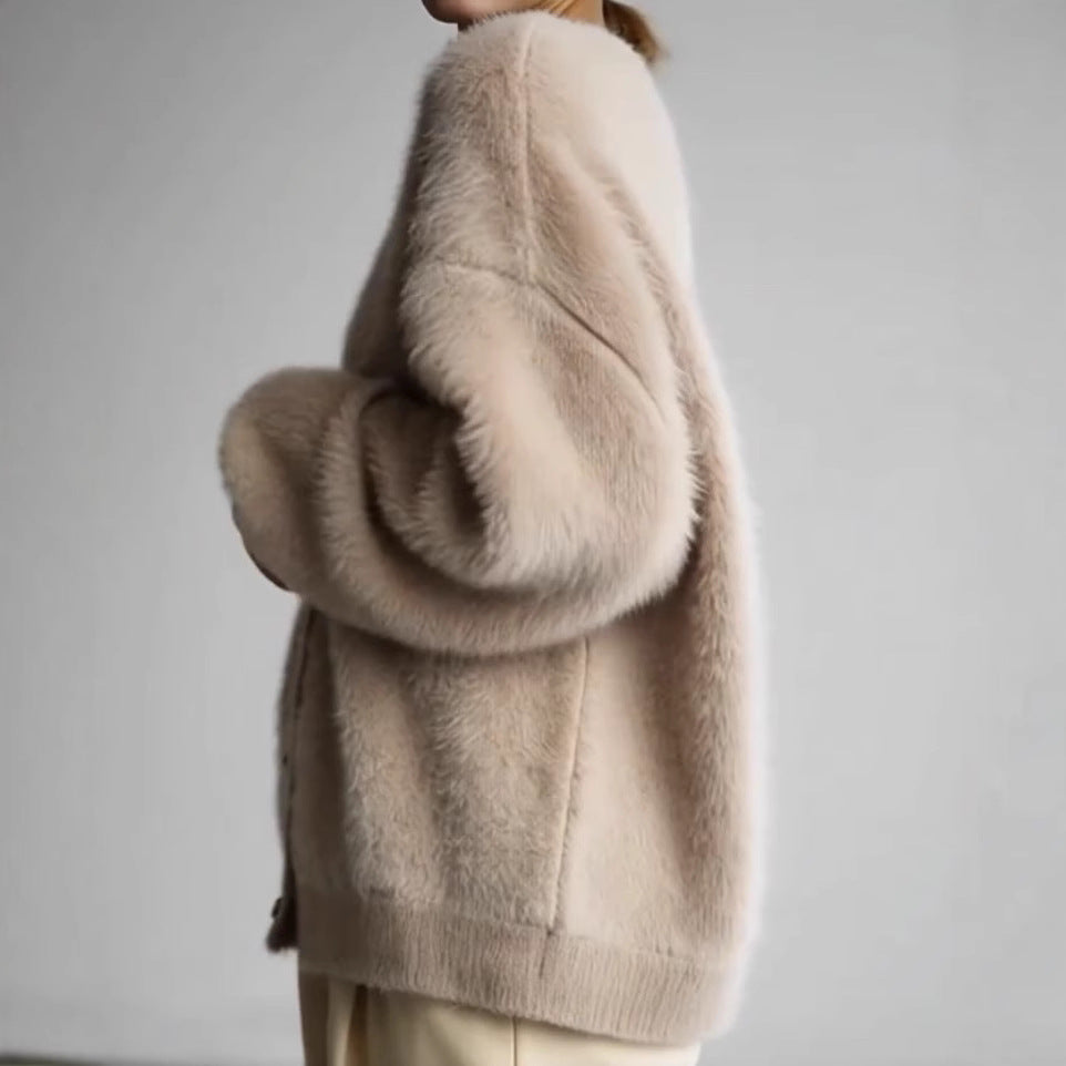 Damen Flauschiger Eyelash-Mix Oversize-Cardigan mit V-Ausschnitt und dekorativen Holzknöpfen Drune