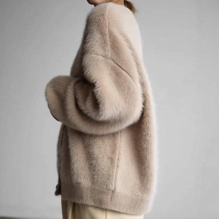 Damen Flauschiger Eyelash-Mix Oversize-Cardigan mit V-Ausschnitt und dekorativen Holzknöpfen Drune