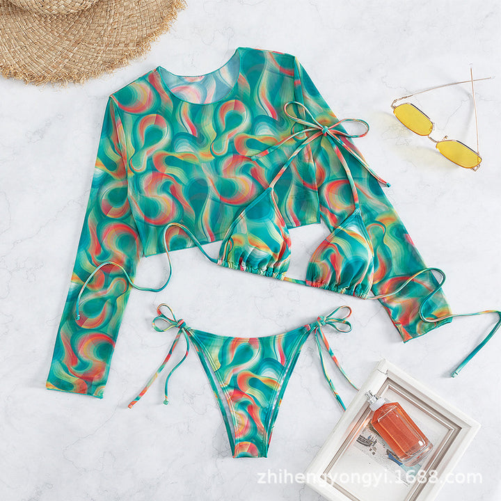 Damen Bikini-Set mit langärmligem Oberteil und verspielten Bindebändern Drune