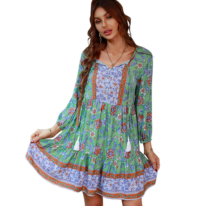 Damen nan Boho-Blumenminikleid mit V-Ausschnitt, Quastenbindegürtel und stufenweisem Volantrock Drune