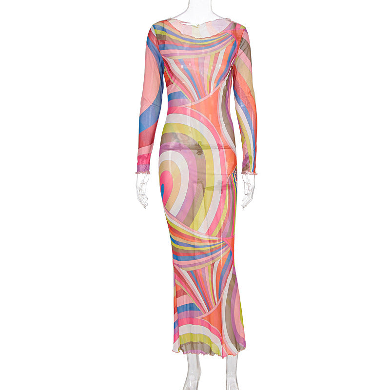 Damen Langarm Maxikleid mit buntem Muster Drune