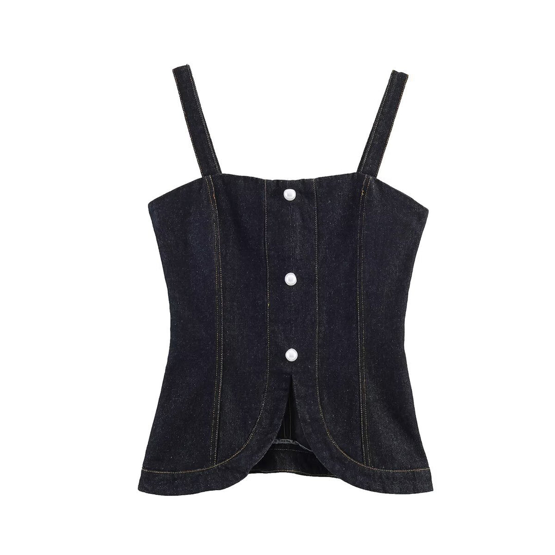Damen Denim-Cami mit tailliertem Schnitt und dekorativen Knöpfen Drune
