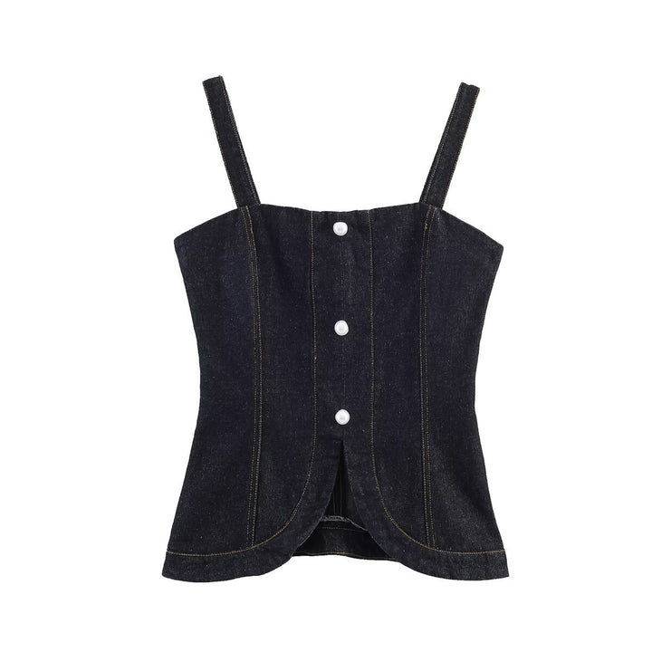 Damen Denim-Cami mit tailliertem Schnitt und dekorativen Knöpfen Drune