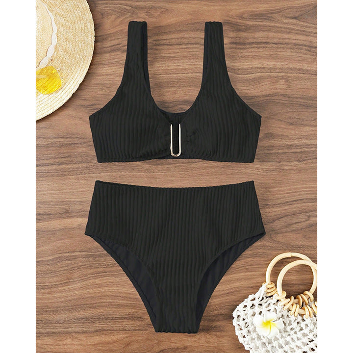 Damen Hochgeschnittener Bikini mit elegantem Rippendesign und moderner Schnalle Drune