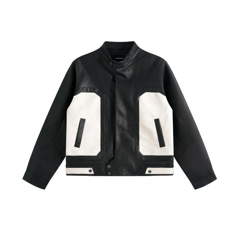 Unisex Boxy-Lederoptik-Bomberjacke mit kontrastierenden Fronttaschen und Stehkragen Drune