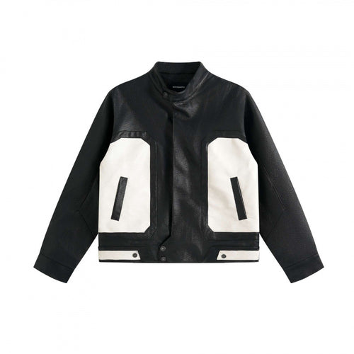 Unisex Boxy-Lederoptik-Bomberjacke mit kontrastierenden Fronttaschen und Stehkragen Drune