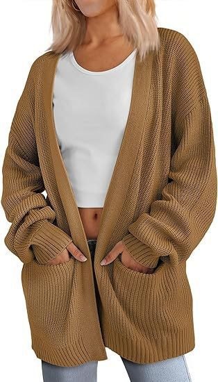 Damen lässige Strickjacke mit weiten Ärmeln und tiefem V-Ausschnitt Drune