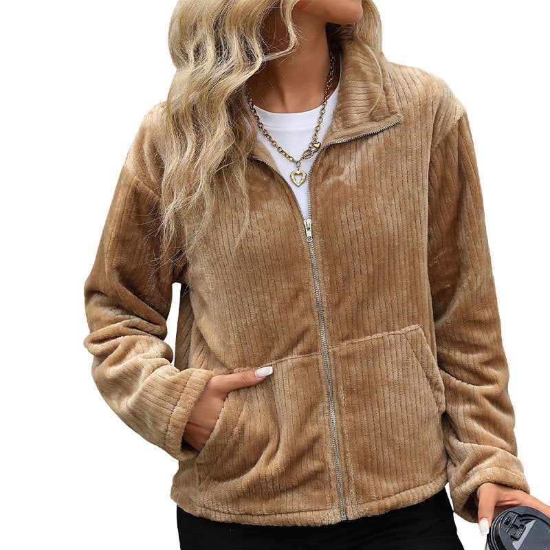Damen Plüsch-Cordjacke mit Stehkragen, Reißverschluss & Kängurutaschen Drune