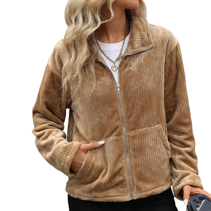 Damen Plüsch-Cordjacke mit Stehkragen, Reißverschluss & Kängurutaschen Drune