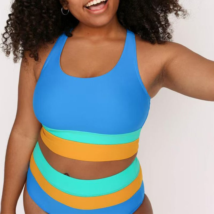 Drune | Schwarzes Colorblock Reißverschluss Rücken Sport Bikini-Oberteil mit Boyshort-Set
