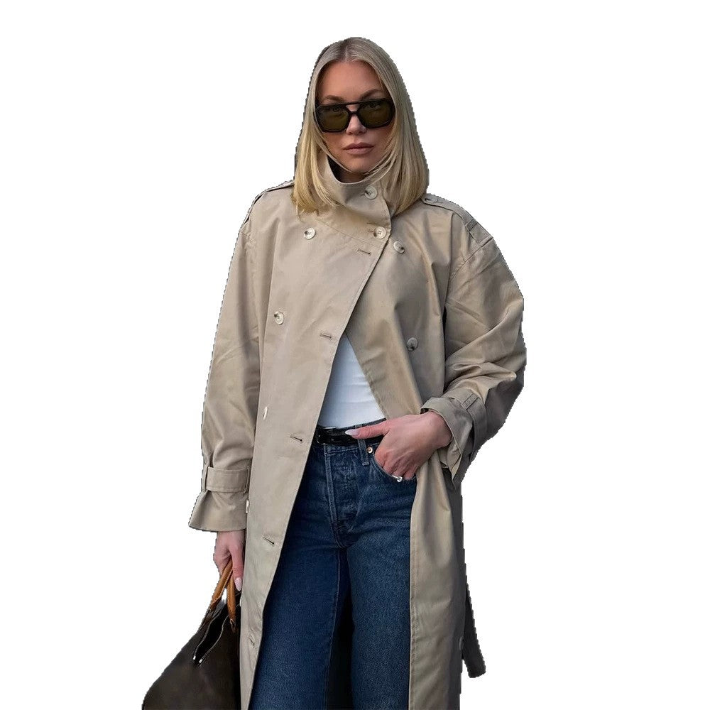 Damen Maxi-Trenchcoat mit hohem Stehkragen, doppelreihiger Knopfleiste & Taillengürtel Drune