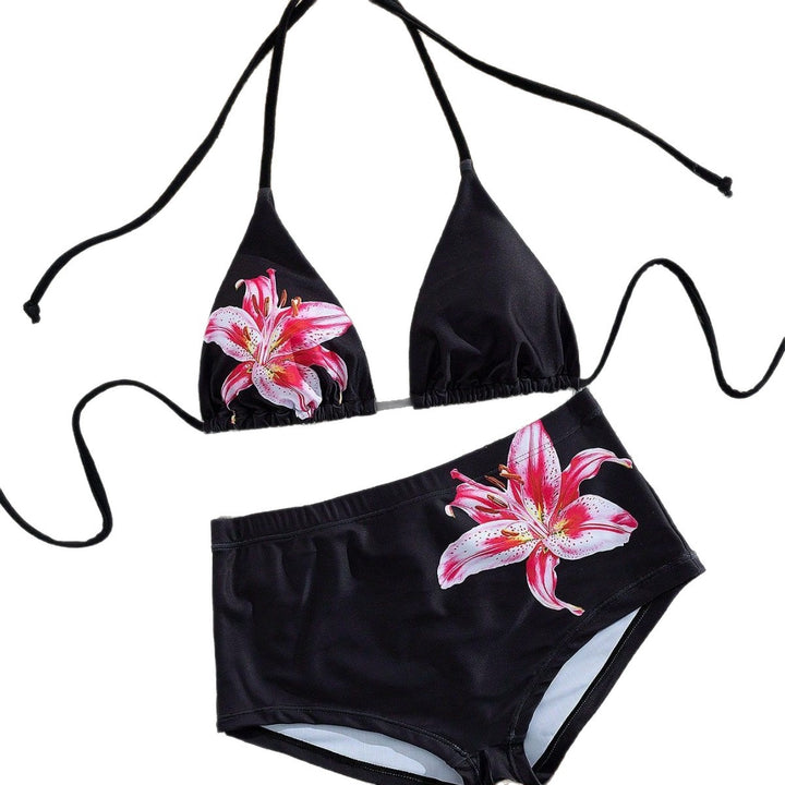 Damen Hochgeschnittener Bikini mit gestreiftem Design und floralen Akzenten Drune