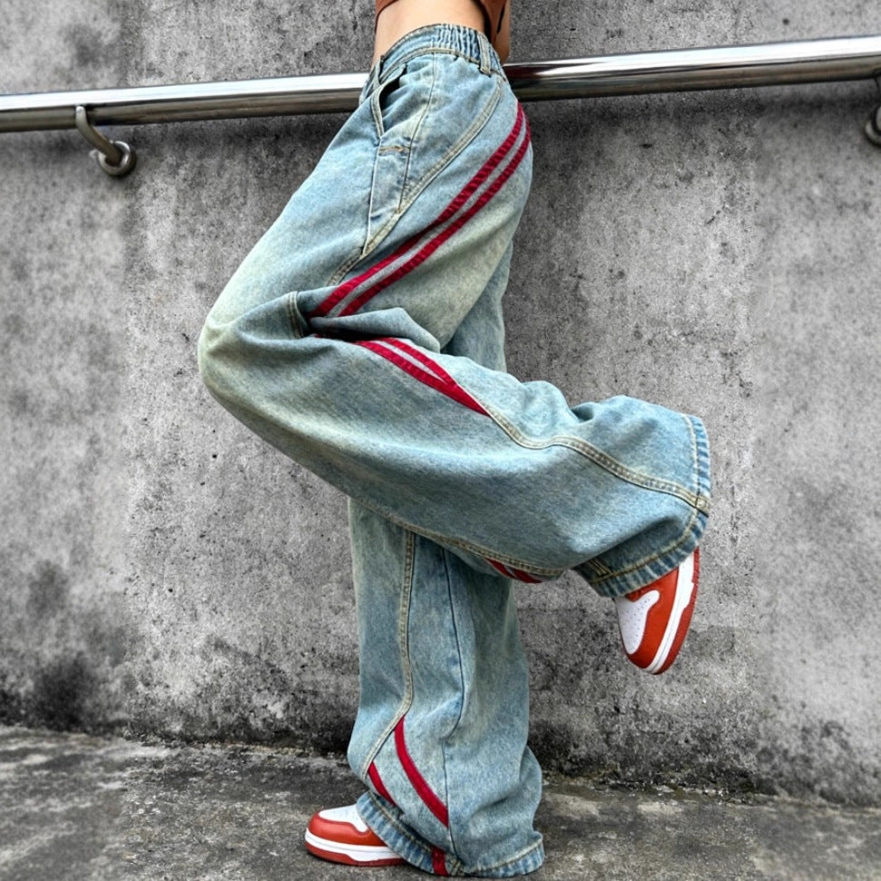 Damen tiefsitzende extraweite Baggy-Jeans aus Vintage-Denim mit seitlichen Tape-Streifen Drune