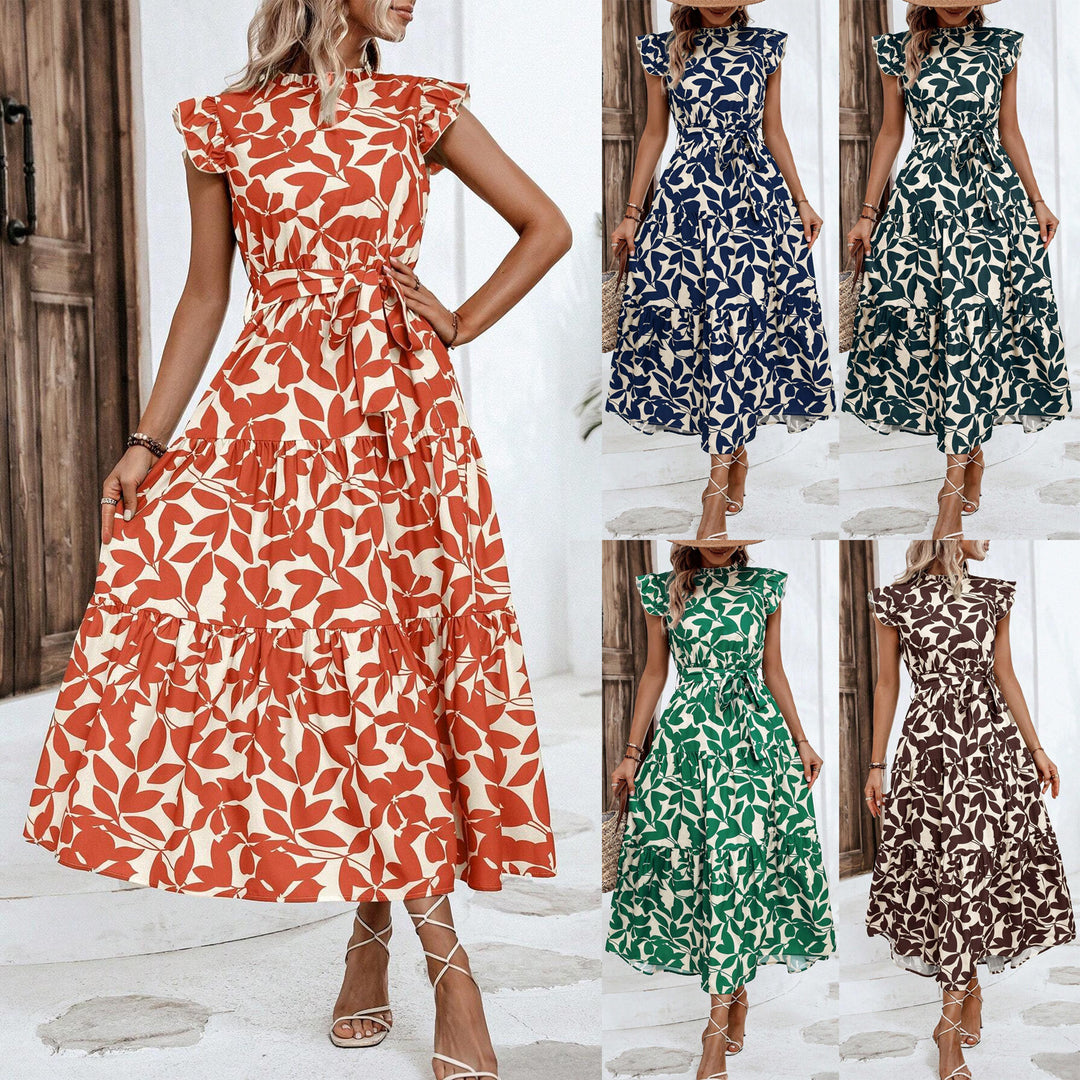 Damen Midikleid mit Stufenrock, geraffter Taillenbindung und Rüschenärmeln Drune