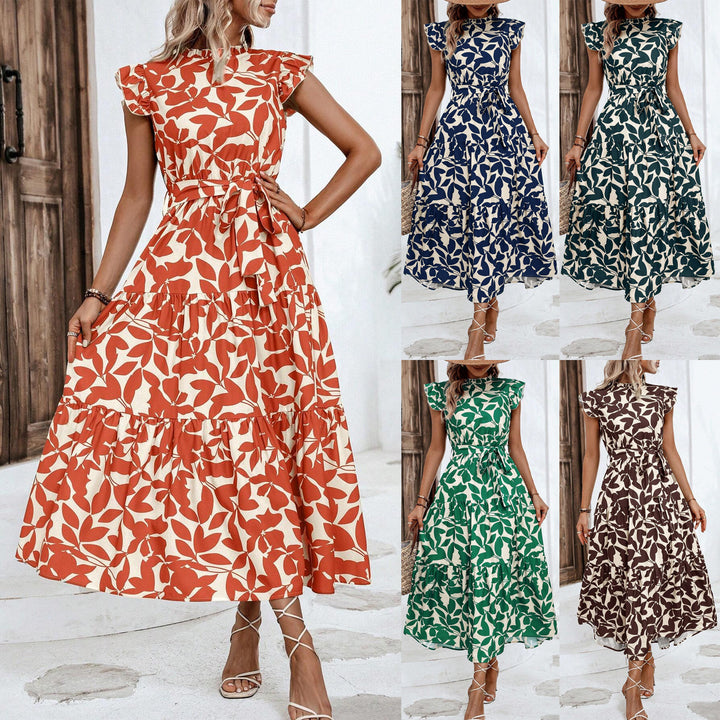 Damen Midikleid mit Stufenrock, geraffter Taillenbindung und Rüschenärmeln Drune